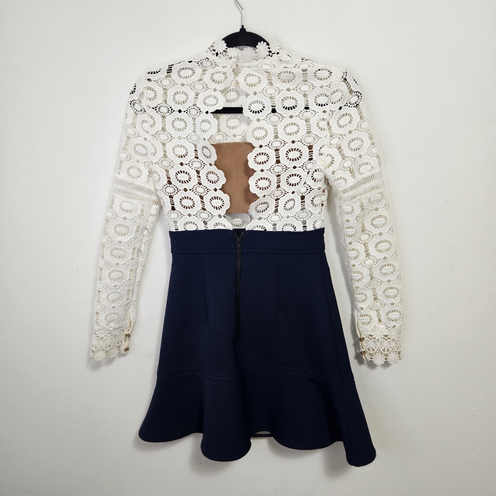 Self-Portrait White Guipure Lace A-Line Mini Dress Sz 2 White Navy Blue - Picture 7 of 13